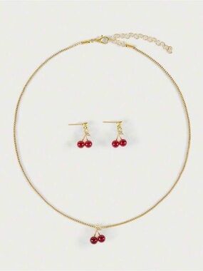 Gold Cherry Pendant Necklace & Earring Set - Red